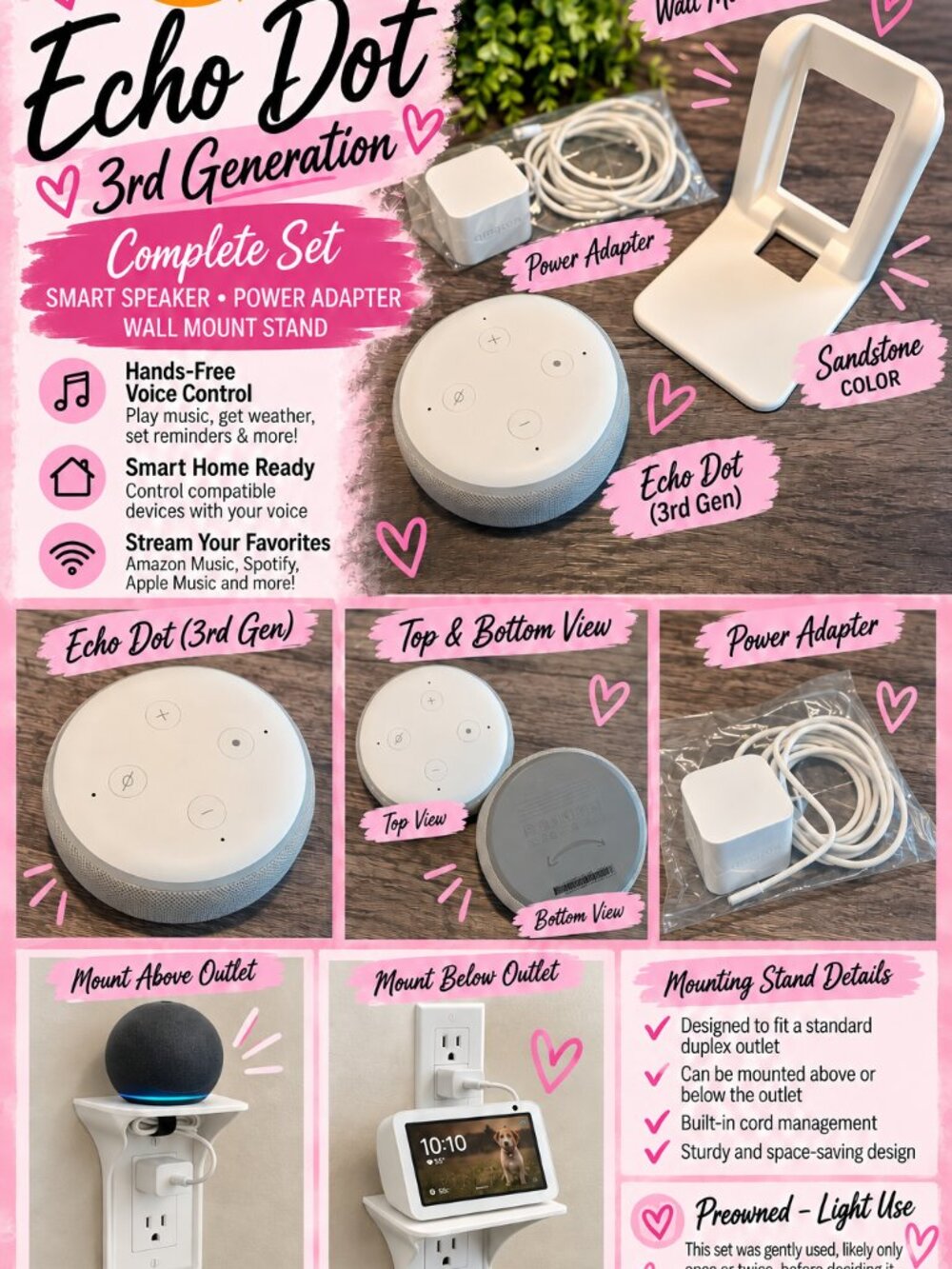 Amazon Echo Dot 3rd Gen Sandstone Alexa Speaker with Wall Mount & Adapter